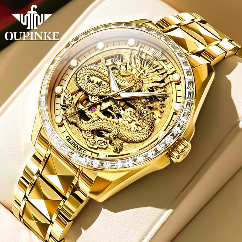 OUPINKE-impermeável relógio mecânico automático para casal, tungstênio tira de aço, movimento importado, dourado, luxo, original
