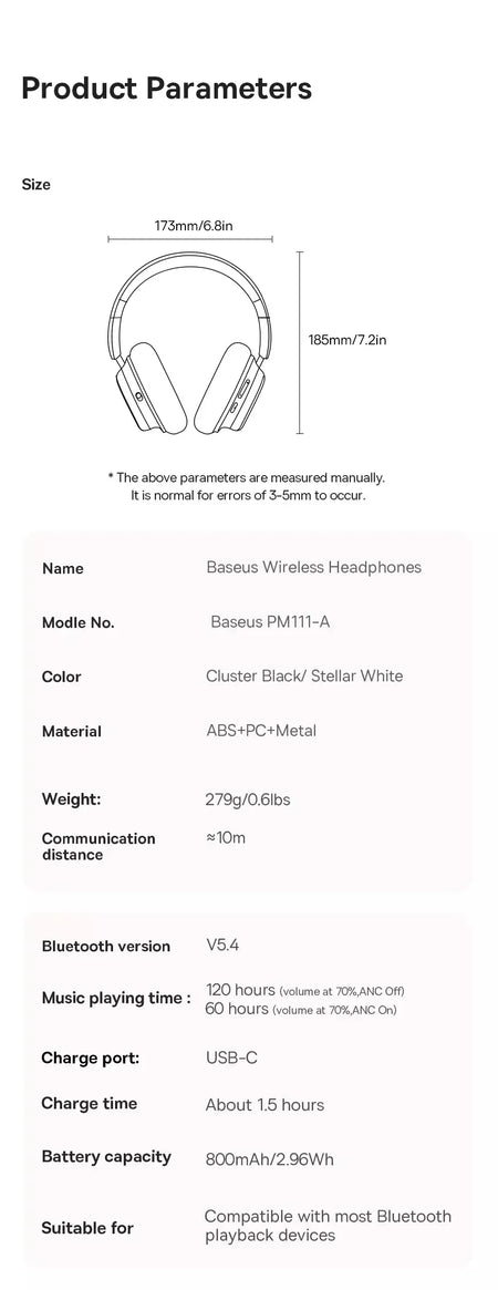 Baseus bowie h1s fones de ouvido sem fio bluetooth 5.4 cancelamento de ruído 46db sobre a orelha fone de ouvido de áudio espacial de alta resolução 120h tempo