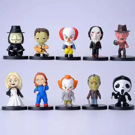 Conjunto de estátua de personagem de ação com ícone de terror, 10 peças, Chaqi Jason Voorhees Freddy Krueger Pennywise It, brinquedo modelo de terror para Halloween