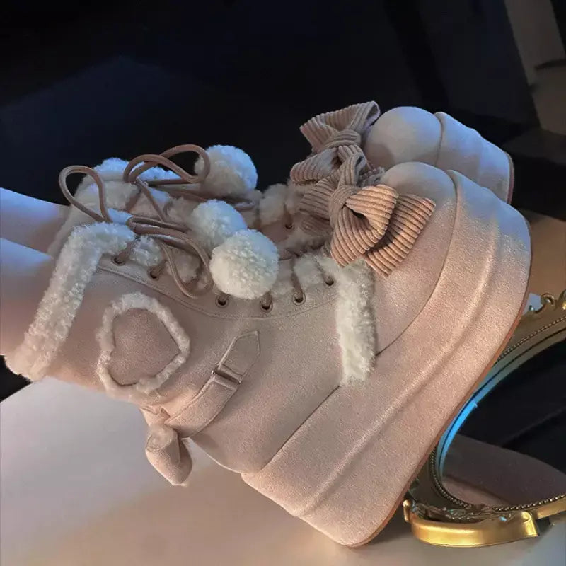 Doce inverno meninas lolita meados de bezerro botas de neve, bonito estudantes do sexo feminino pelúcia quente bowknots rendas até sapatos de salto cunha aumentando