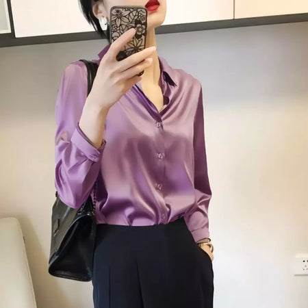 Camisas e blusas femininas com acabamento acetinado, blusa casual, manga comprida, botão, camisas elegantes, roupa francesa, monocromáticas, todos os fósforos, OL