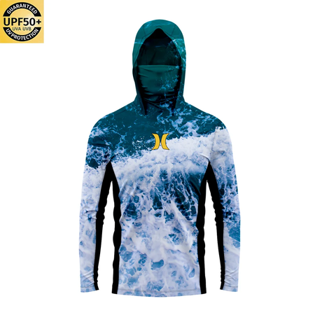 UPF 50 + proteção solar dos homens Hoodie, painéis laterais respiráveis, máscara facial respirável, manga comprida, SPF, ao ar livre, caminhadas camisas