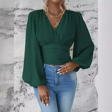 Pulôver feminino com decote V profundo, blusa feminina de manga comprida, tops casuais diários, cintura solta e magro, crossover, primavera, outono