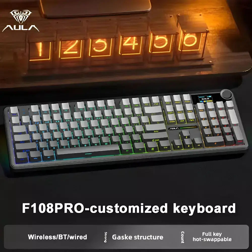 AULA F108 Pro Gaming Mecânico Teclado Tri Mode Personalizado Multi-Pulha Tela RGB Esports Teclado Sem Fio com TFT Smart Display