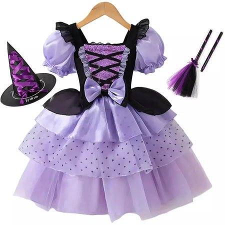 Vestido de menina de halloween vampiro vestido fofo para meninas crianças vestido de princesa roxo roupas legais lolita fantasia de festa de carnaval