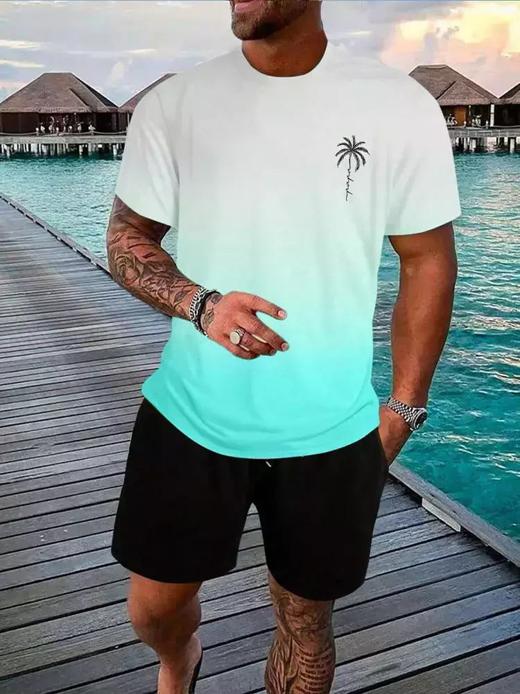 Camiseta de praia havaiana masculina, conjunto de 2 peças, manga curta, estampa palmeira, decote em O, moda exterior, casual, verão