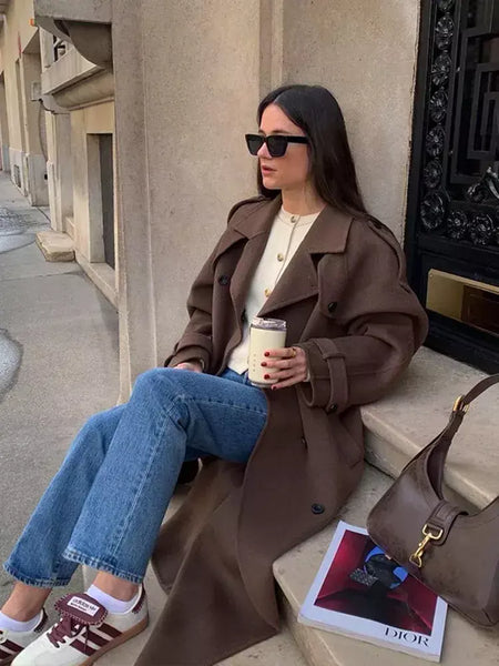 Trench coat maxi oversized feminino com lapela entalhada com cinto duplo breasted vintage streetwear 2025 tendência casual casacos diários