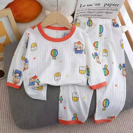 Pijama de algodão puro para meninos e meninas, camiseta fina de manga comprida, tops e calças lindos desenhos animados, conjuntos de roupas infantis, verão, novo, 2022