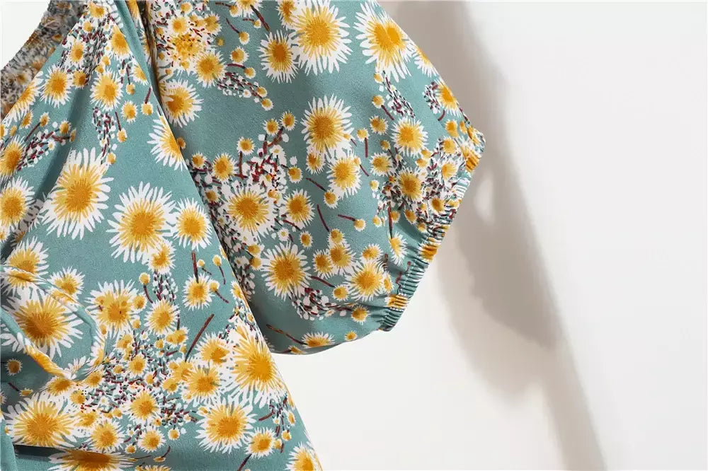 Mulheres mini vestidos de verão moda feminina vestidos impressão floral chiffon vestidos shirring plissado manga curta inchado vestido casual