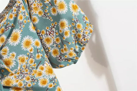 Mulheres mini vestidos de verão moda feminina vestidos impressão floral chiffon vestidos shirring plissado manga curta inchado vestido casual