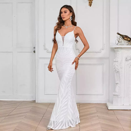 Vestido Maxi Lantejoula Branco Feminino, Vestido Sexy Strap, Vestido de festa longo