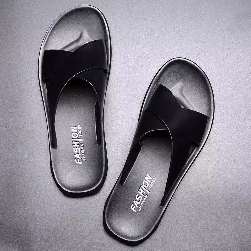 Sandálias para homens chinelos de couro genuíno marca de luxo moda masculina apartamentos casuais antiderrapantes praia sandalia zapatos hombre 2024
