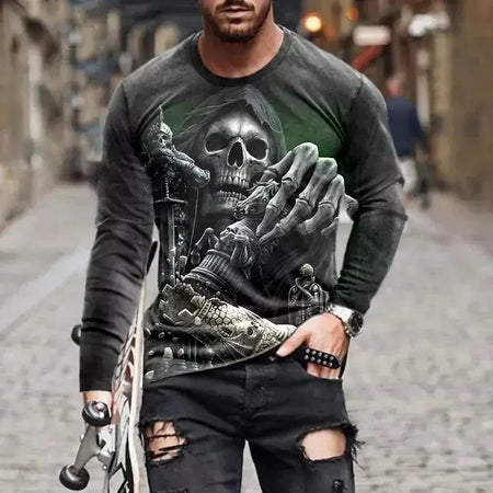 Crânio masculino gráfico t-shirts manga longa esqueleto impressão 3d rua homem t camisa outono o-pescoço casual y2k topo roupas masculinas de grandes dimensões