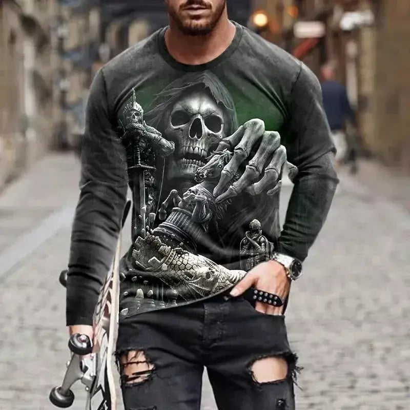 Crânio masculino gráfico t-shirts manga longa esqueleto impressão 3d rua homem t camisa outono o-pescoço casual y2k topo roupas masculinas de grandes dimensões