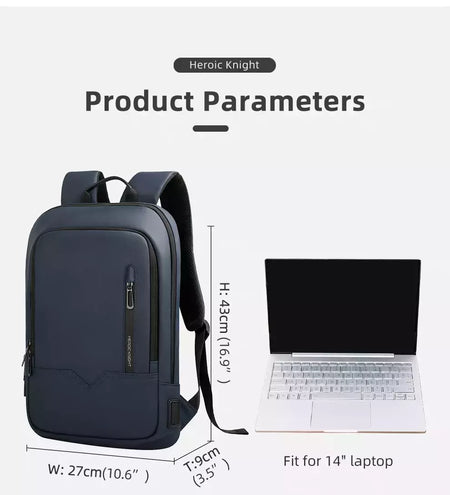 Mochila HK Slim para Homens, Sacos de Laptop, Impermeável, Minimalista, Negócios, Carregamento USB, Casual, Viagem, Trabalho, 15,6";;VERDADEIRO;;"8228-Black