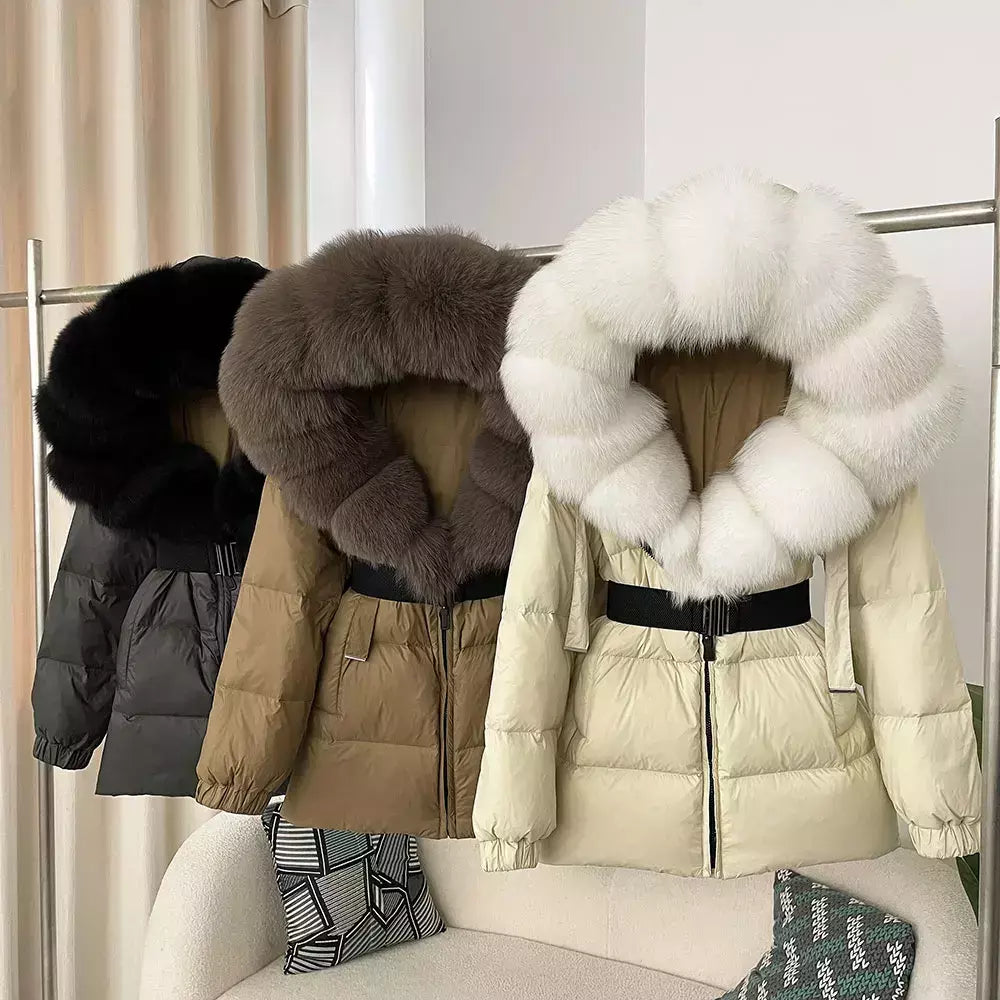 Oftbuy 2024 jaqueta de inverno feminina gola de pele de raposa natural real com capuz grosso quente 90% pato branco para baixo casaco feminino streetwear casual