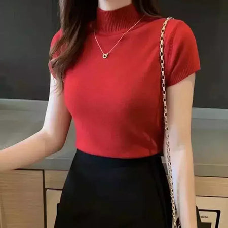 Mulheres topos e blusas verão manga curta blusa feminina blusas mujer de moda 2024 gola alta blusa de malha camisa topos c931