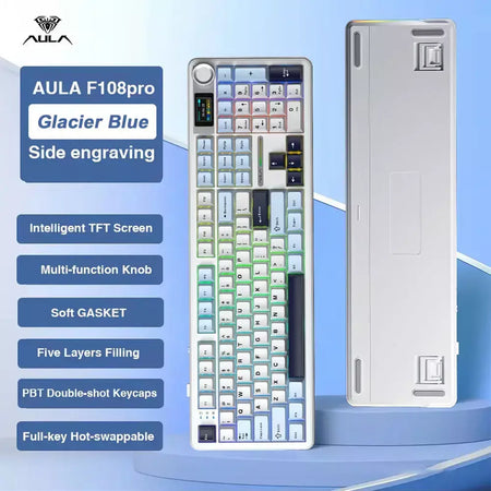 AULA F108 Pro Gaming Mecânico Teclado Tri Mode Personalizado Multi-Pulha Tela RGB Esports Teclado Sem Fio com TFT Smart Display