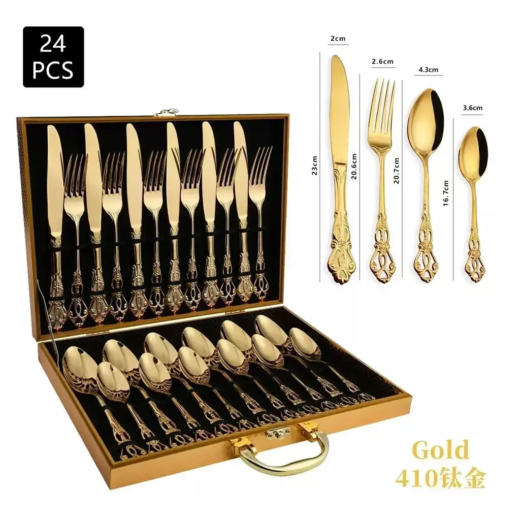 Conjunto de talheres de aço inoxidável dourado, colher europeia real, garfo, talheres completos, design retrô, seguro para máquina de lavar louça, talheres elegantes