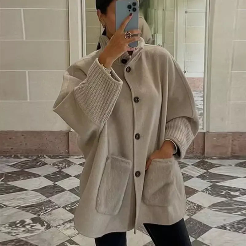 Gola de pele emendada longa pele de lã casaco feminino moda casual manga comprida lapela solta quente curto jaqueta senhora diariamente streetwear