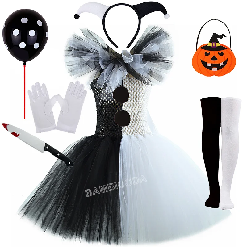 O traje de palhaço terrível arte menina preto branco fantasia tutu vestido horror coringa vestido para meninas trajes de festa de carnaval de halloween