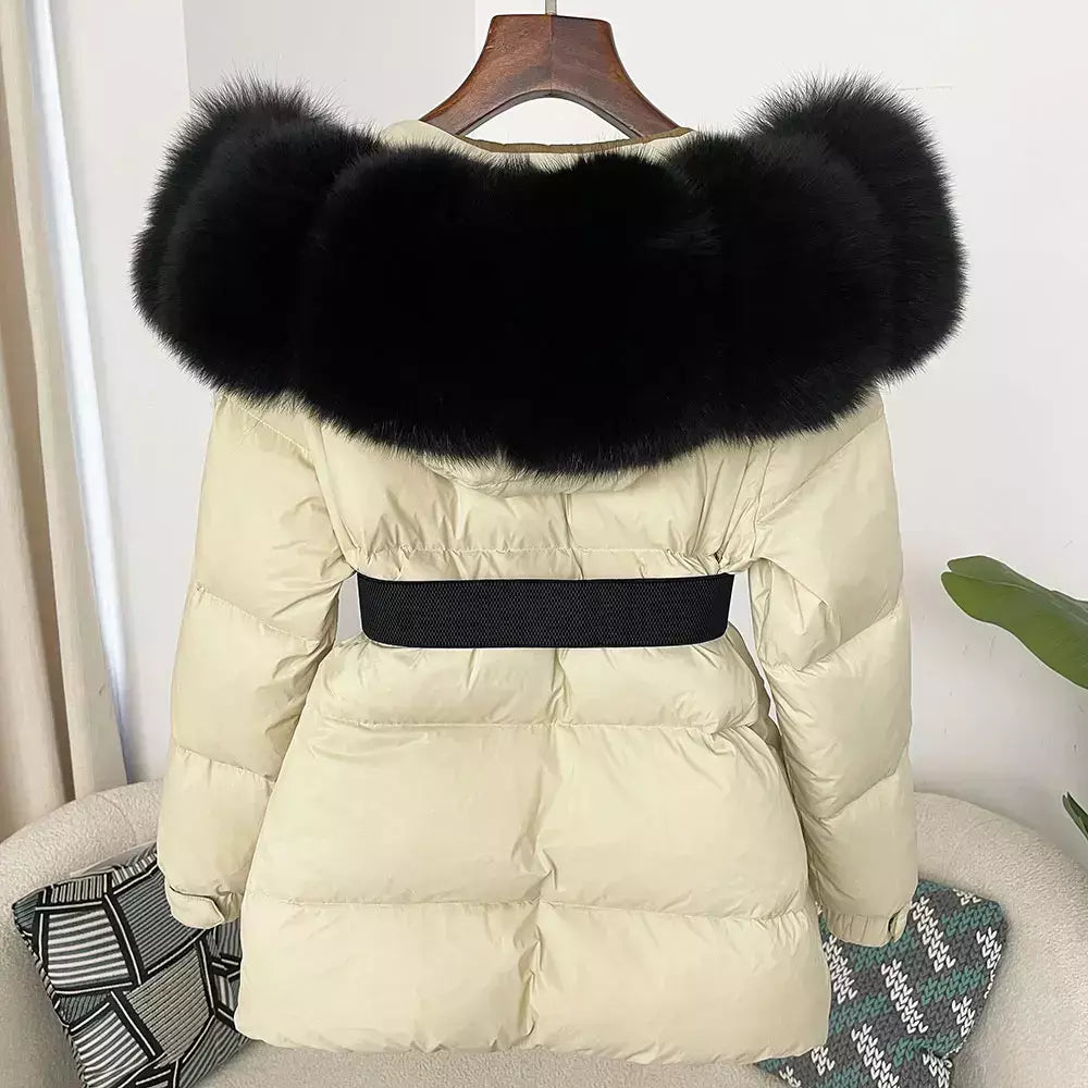 Oftbuy 2024 jaqueta de inverno feminina gola de pele de raposa natural real com capuz grosso quente 90% pato branco para baixo casaco feminino streetwear casual