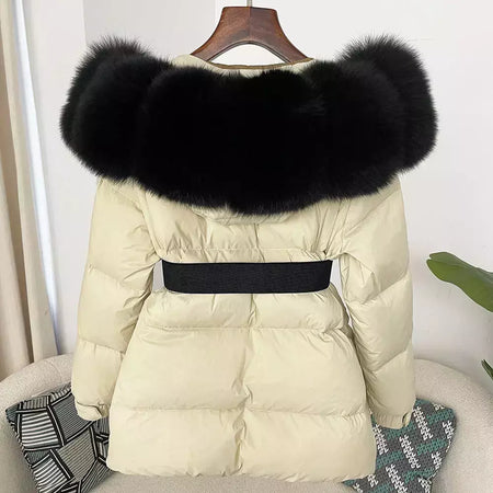 Oftbuy 2024 jaqueta de inverno feminina gola de pele de raposa natural real com capuz grosso quente 90% pato branco para baixo casaco feminino streetwear casual