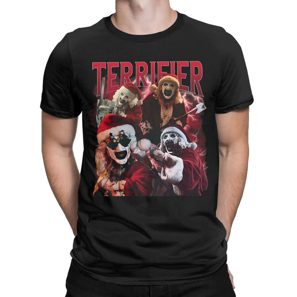 Arte engraçada os palhaços terrifier natal camiseta masculina em torno do pescoço puro algodão t camisas de manga curta camiseta impressa topos