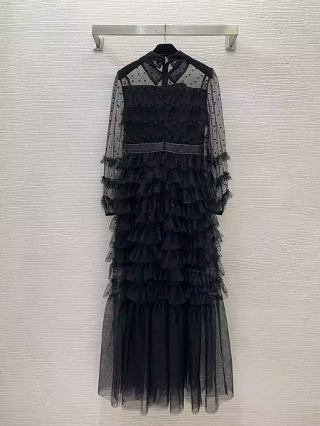 Vestido feminino slim fit plissado em malha, cintura alta, manga longa, retalhamento, vestido feminino de renda, moda outono