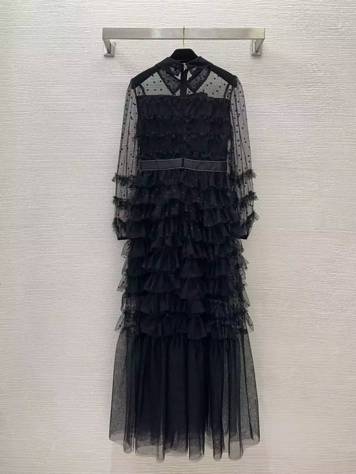 Vestido feminino slim fit plissado em malha, cintura alta, manga longa, retalhamento, vestido feminino de renda, moda outono