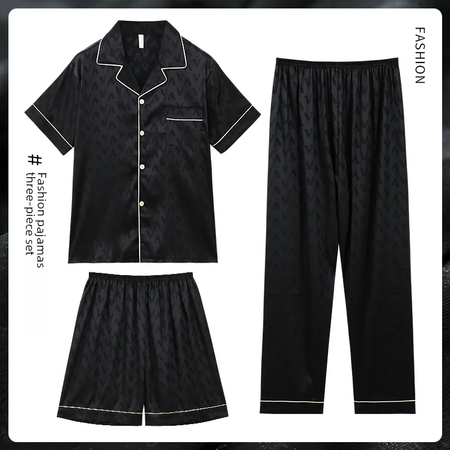 Pijama Jacquard de seda gelada masculino, manga curta, outwear casual, simulação adolescente, roupa de casa, verão, conjunto de 3 peças