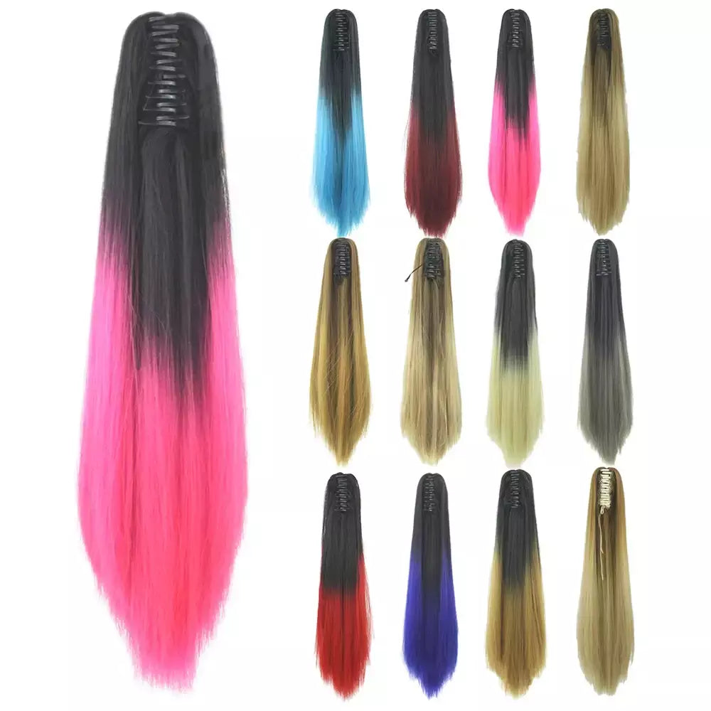 Longo reto sintético rosa ombre extensão do cabelo peruca garra rabo de cavalo pônei fada cauda falso peças de cabelo clipe na peruca