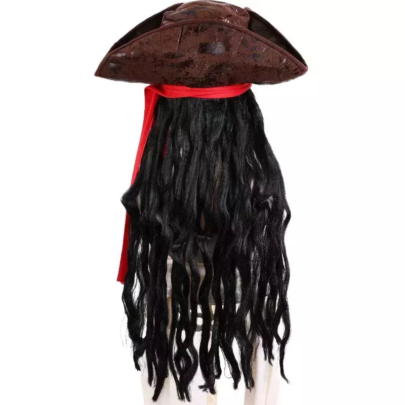 Adulto masculino caribe pirata chapéu peruca halloween palco desempenho pirata capitão traje peruca acessórios de festa jack sparrow peruca