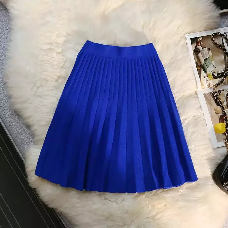 Míni saia plissada de malha feminina, cintura alta elástica, saia guarda-chuva linha A, casual sexy, curta, outono, inverno