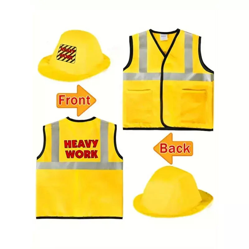 Traje de colete de trabalhador de construção infantil, conjunto de jogo de 5 peças de trabalhador, colete reflexivo amarelo com ferramentas, vestido de festa