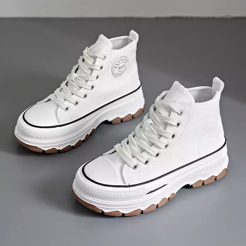 Tênis casual de cano alto para mulheres, com cordões, lona de altura da plataforma, antiderrapante, resistente ao desgaste, sapatos femininos vulcanizados, primavera, 2024