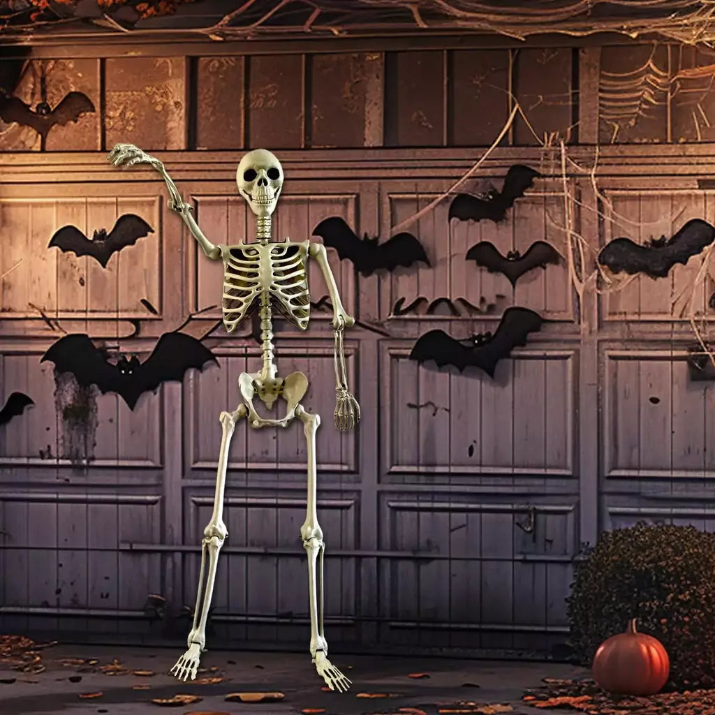 Esqueleto de halloween em tamanho real, esqueleto humano com articulações posáveis, resistente às intempéries, decoração de jardim, adereços fotográficos assustadores para feriados
