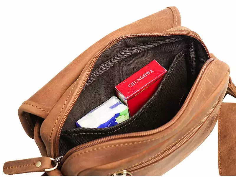 Bolsa de ombro retrô de couro genuíno masculina, grande capacidade, bolsa transversal diagonal, bolsa pequena para iPad, cavalo louco
