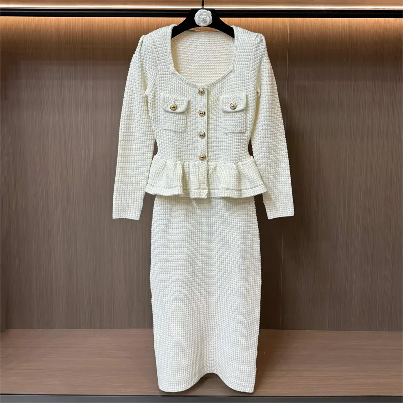 Vestido feminino 2025 primavera novo elástico de malha vestidos longos ombro almofada fino ajuste vestido de manga comprida falso vestidos de festa de duas peças