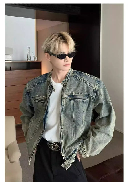 Jaqueta jeans de rua masculina, vintage lavada, jaqueta de caubói angustiada, streetwear casual, primavera, novo, estilo americano, zíperes
