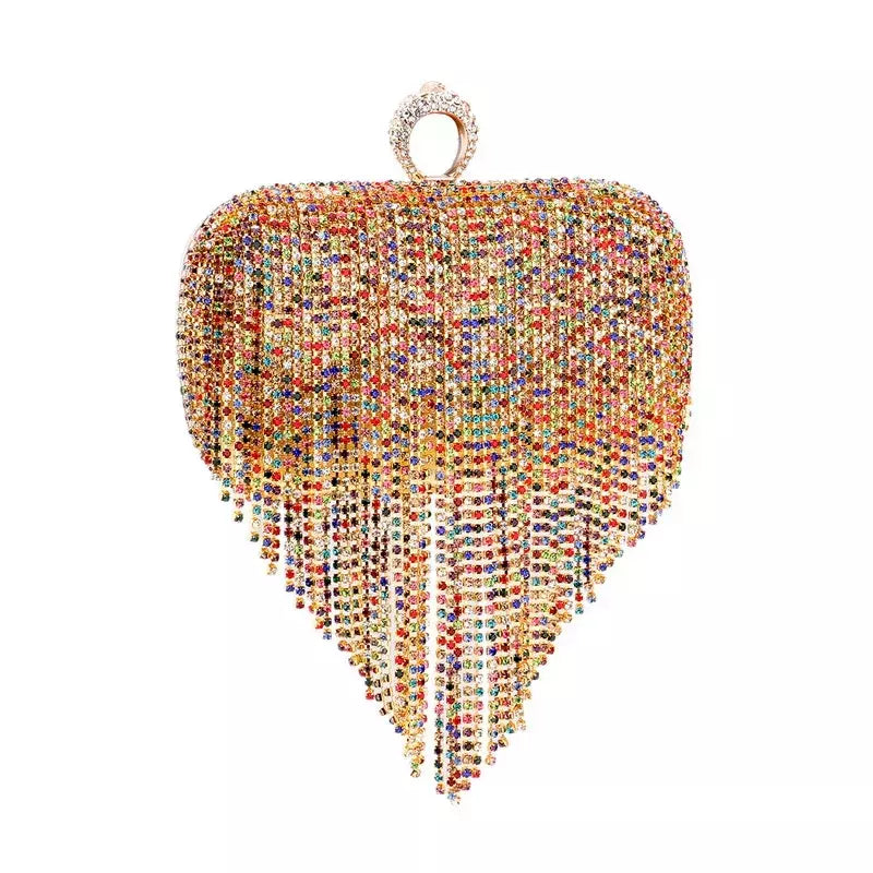 Embreagem de borla de diamantes brilhantes para mulheres, bolsa caixa de metal, bolsa de festa noturna, alça redonda, moda