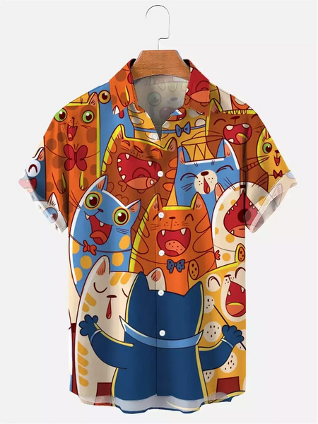 Camisa havaiana dos desenhos animados de anime masculino, Tops de manga curta, roupas casuais masculinas, rua, animais, gatos, retrô, 3D Tees, verão