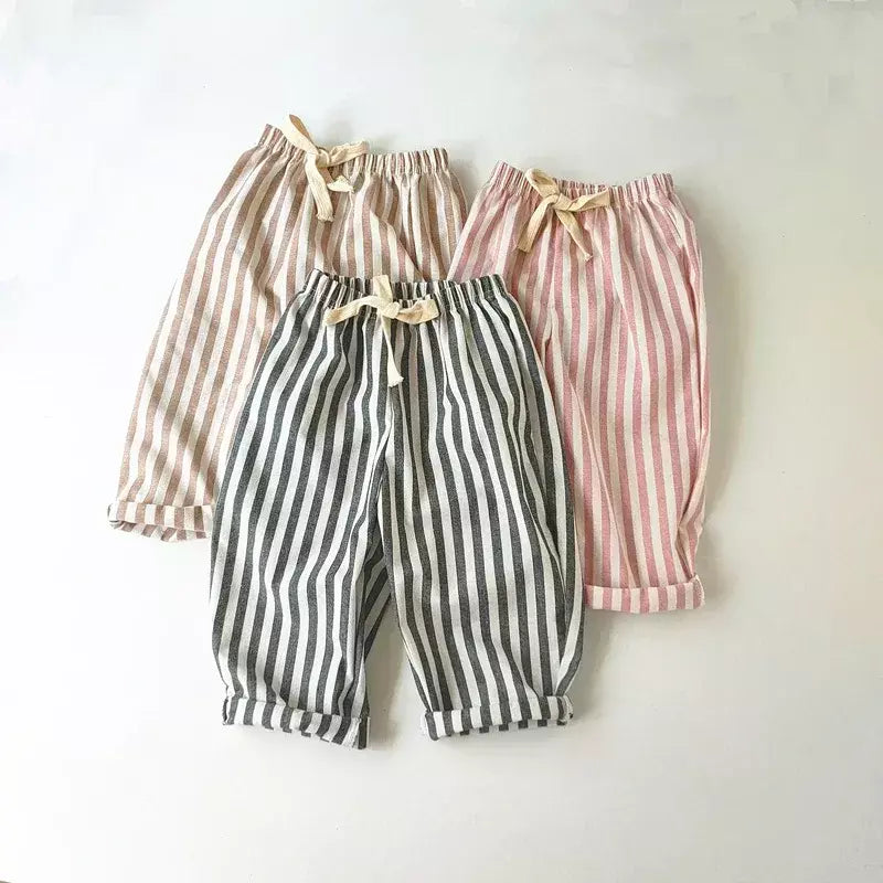 Primavera verão meninos listrado calças soltas bebê menina vintage casual linho algodão harlan calças crianças rendas-up calça crianças roupas