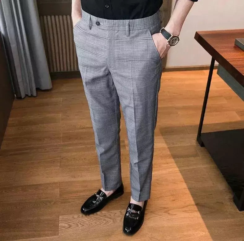 Xadrez masculino anti-rugas calças cortadas, roupas de grife casual, terno masculino reto, verão, fino, barato, designer, cheque, 9