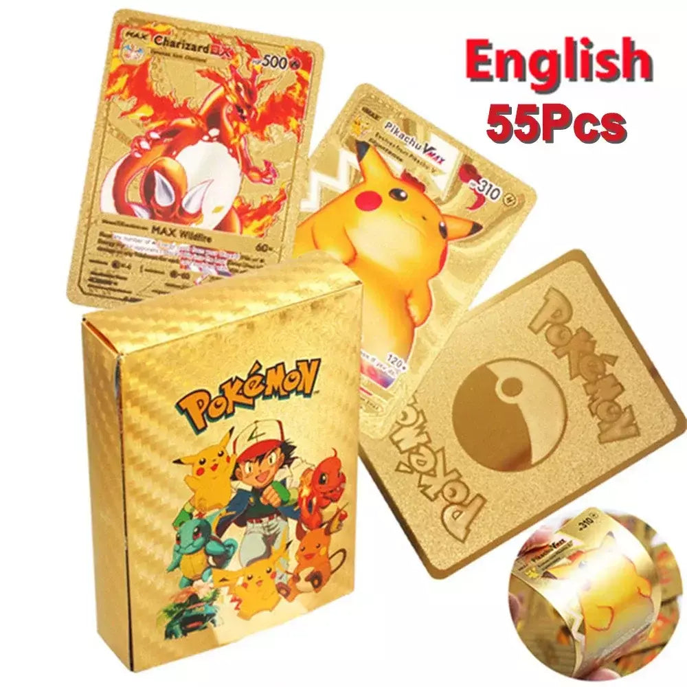Cartão de folha de ouro colorido pokemon charizard pikachu arceus prata preto arco-íris inglês francês alemão espanhol vstar gx vmax cartões