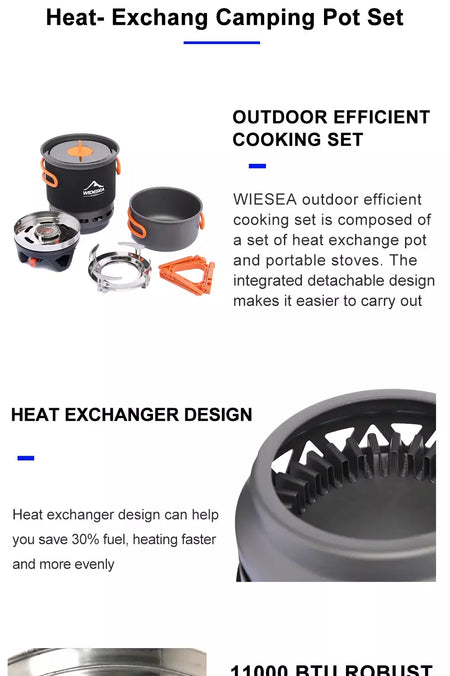 Widesea acampamento sistema de cozinha com trocador calor ao ar livre queimador gás fogão turista pote conjunto copo talheres panelas turismo caminhada