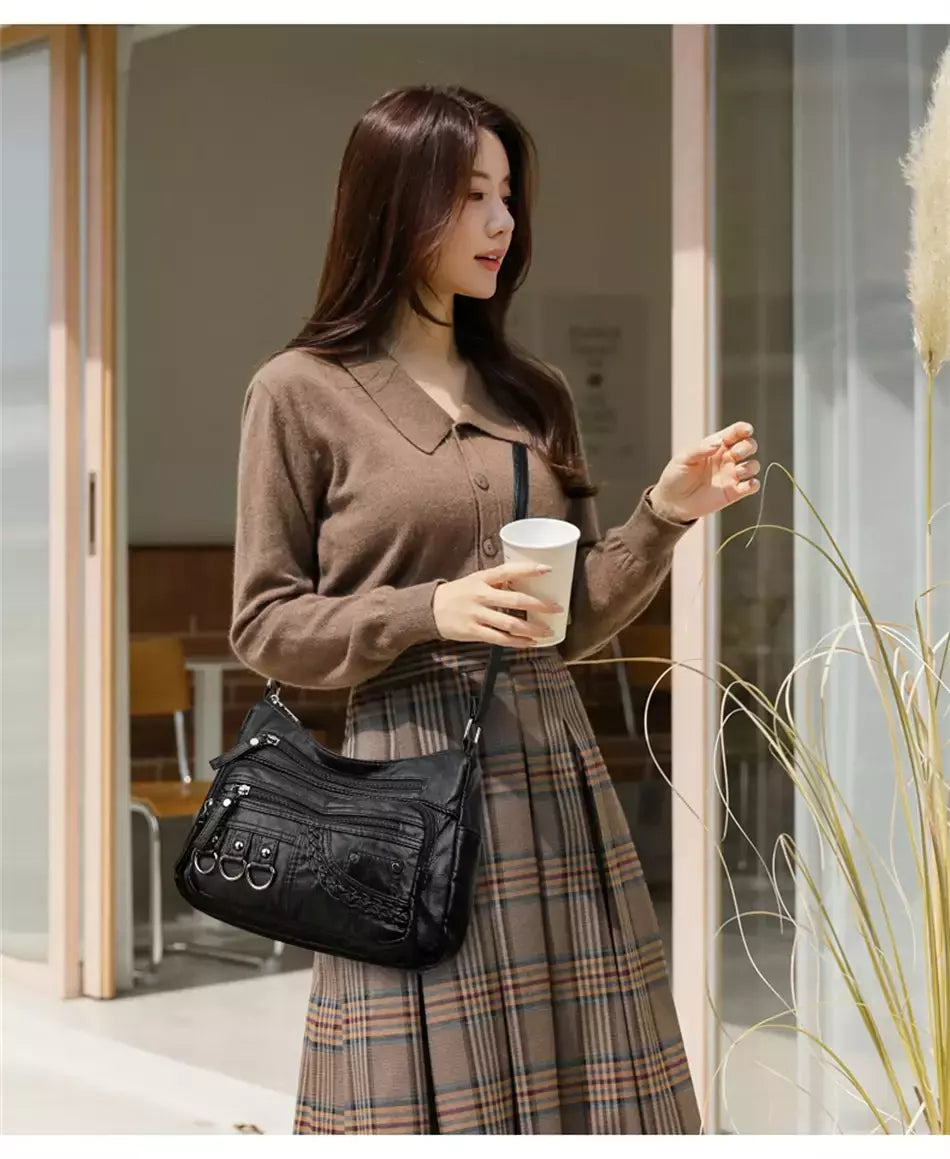 Bolsa de bolso multi couro PU vintage feminina, bolsas de ombro transversais femininas, bolsas de design de luxo, alta qualidade, 2023