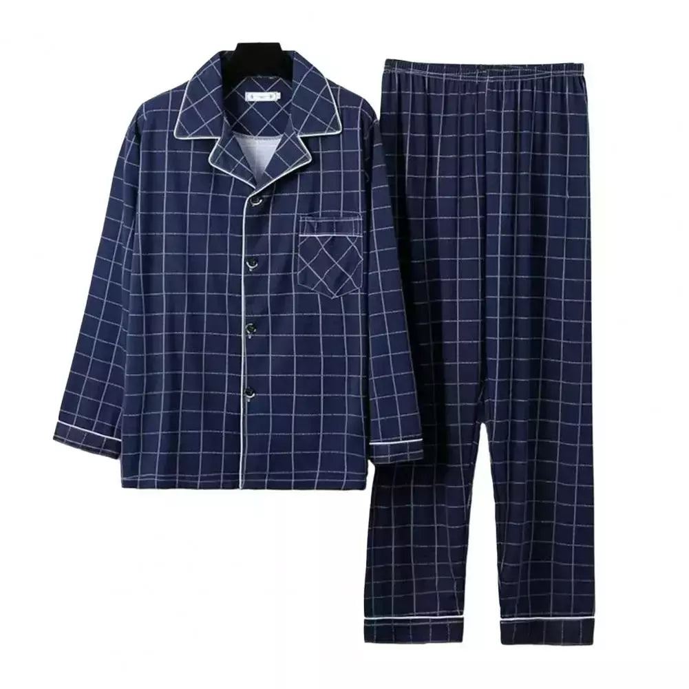 Conjunto de pijama de seda leite confortável masculino, loungewear elegante, estampa xadrez listrada, lapela combinando cores, pijama longo de peito único, outono e inverno