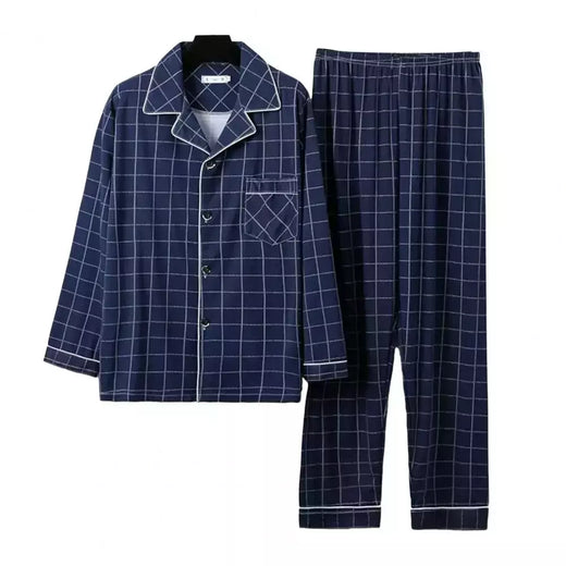 Conjunto de pijama de seda leite confortável masculino, loungewear elegante, estampa xadrez listrada, lapela combinando cores, pijama longo de peito único, outono e inverno