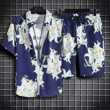 Roupas de praia para homens 2 Piece Set Quick Dry Camisa Havaiana e Shorts Set Homens Moda Vestuário Impressão Casual Outfits Verão